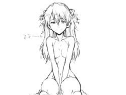 Rule 34 | 1girl, blush, breasts, completely nude, dbqp, hair ornament, highres, long hair, looking at viewer, navel, neon genesis evangelion, nude, simple background, sitting, small breasts, solo, souryuu asuka langley, thighs, translation request, twintails