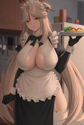 Rule 34 | 1girl, alternate costume, apron, black bow, black bowtie, black gloves, bow, bowtie, breasts, brown eyes, cleavage, commentary, cowboy shot, elbow gloves, english commentary, food, garter straps, genshin impact, gloves, hair ornament, highres, knife, large breasts, light brown hair, looking at viewer, maid, maid headdress, ningguang (genshin impact), omelet, omurice, parted lips, refrigerator, short sleeves, smile, solo, thighhighs, tiles, tray, white apron, white garter straps, white headwear, white thighhighs, wrist cuffs, zaphn