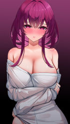 Rule 34 | 1girl, absurdres, alternate costume, arms under breasts, bare shoulders, blush, breasts, cleavage, gradient background, highres, honkai: star rail, honkai (series), kafka (honkai: star rail), large breasts, long sleeves, looking at viewer, marumai, off shoulder, parted lips, purple background, purple eyes, purple hair, shirt, sidelocks, simple background, solo, white shirt