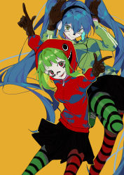 Rule 34 | 2girls, asymmetrical legwear, black skirt, blue hair, brown gloves, closed mouth, colored eyelashes, commentary, english commentary, facial mark, gloves, green eyes, green footwear, green hair, green pantyhose, gumi, hair between eyes, hatsune miku, headphones, highres, hood, indai (3330425), index finger raised, knee up, long hair, looking at viewer, matryoshka (vocaloid), medium hair, mismatched legwear, multicolored eyes, multiple girls, open mouth, pale skin, pantyhose, pink eyes, rabbit pose, red pantyhose, simple background, skirt, smile, standing, standing on one leg, striped clothes, striped pantyhose, teeth, upper teeth only, very long hair, vocaloid, yellow background, yellow eyes