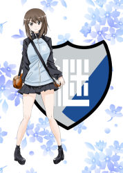 Rule 34 | 1girl, ankle boots, bad id, bad twitter id, black socks, blue footwear, blue jacket, blue skirt, boots, brown eyes, brown hair, carrying, closed mouth, emblem, eno (mauritz stiller), floral background, frown, girls und panzer, highres, instrument, jacket, kantele, keizoku (emblem), keizoku military uniform, long hair, long sleeves, looking at viewer, mika (girls und panzer), military, military uniform, miniskirt, no headwear, pleated skirt, raglan sleeves, skirt, socks, solo, standing, track jacket, uniform