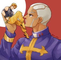 Rule 34 | 2boys, black nails, blonde hair, clothing cutout, commentary request, dark-skinned male, dark skin, dio brando, enrico pucci, grm jogio, highres, holding, jojo no kimyou na bouken, lips, long hair, long sleeves, looking at another, male focus, mini person, miniboy, multiple boys, pants, priest, smile, stone ocean, yellow eyes, yellow pants