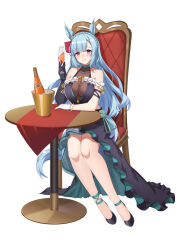 Rule 34 | 1girl, alternate costume, animal ears, bare shoulders, black dress, black footwear, black gloves, blue hair, braid, breasts, chair, cleavage, crown braid, cup, dress, ear ornament, elbow gloves, frilled dress, frills, gloves, high heels, highres, holding, holding cup, horse ears, horse girl, horse tail, jewelry, large breasts, light smile, long dress, long hair, looking at viewer, mejiro ardan (umamusume), necklace, purple eyes, see-through, simple background, single elbow glove, sitting, solo, table, tail, umamusume, very long hair, vococo, white background
