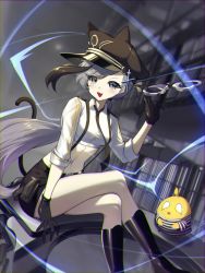 Rule 34 | 1girl, :&gt;, absurdres, azur lane, bars, black footwear, black gloves, black hair, black neckwear, black shorts, blue eyes, boots, cat tail, chromatic aberration, collared shirt, commentary, crop top, cross hair ornament, crossed legs, cuffs, fang, gloves, grey hair, hair ornament, handcuff dangle, handcuffs, hat, highres, indoors, long hair, low ponytail, manjuu (azur lane), midriff, military hat, minsk (azur lane), minsk (thunderous jailor) (azur lane), multicolored hair, navel, necktie, official alternate costume, open mouth, peaked cap, ponytail, prison, sbgu, shirt, short shorts, shorts, sitting, skin fang, sleeves rolled up, smile, solo focus, stomach, streaked hair, suspender shorts, suspenders, swept bangs, tail, thighs, triangle mouth, very long hair, white shirt