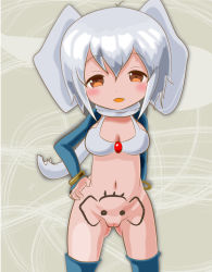 Rule 34 | 10s, 1girl, animal ears, bottomless, bra, breasts, brown eyes, cameltoe, cleft of venus, elephant ears, gluteal fold, grey bra, grey hair, hand on own hip, indian elephant (kemono friends), kemono friends, large breasts, looking at viewer, navel, open mouth, pussy, scarf, short hair, solo, tattoo, ucchi (udukin), underwear