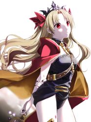 Rule 34 | 1girl, arms behind back, birdcage, black dress, blonde hair, breasts, cage, cape, detached collar, dress, earrings, ereshkigal (fate), fate/grand order, fate (series), gold trim, hair ribbon, highres, hood, hooded cape, hoop earrings, jewelry, kino kokko, long hair, medium breasts, parted bangs, red eyes, ribbon, short dress, single sleeve, skull, spine, thighs, tiara, two side up