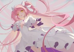 Rule 34 | 1girl, absurdres, breasts, cleavage, dress, gloves, highres, kaname madoka, long hair, mahou shoujo madoka magica, open mouth, pink hair, smile, solo, two side up, ultimate madoka, white dress, white gloves, yellow eyes