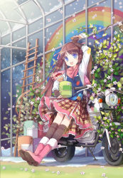 Rule 34 | :d, blue eyes, boots, brown hair, flower, gloves, highres, jin young-in, ladder, leaning, motor vehicle, motorcycle, oekaki musume, open mouth, original, paint, paint can, paintbrush, rainbow, smile, solo, thighhighs, twintails, vehicle