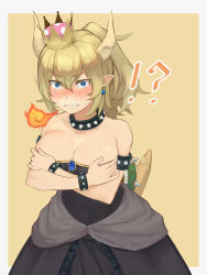 Rule 34 | !?, 1girl, @ @, absurdres, bare shoulders, black dress, blonde hair, blue eyes, blush, border, bowsette, bracelet, breasts, breath weapon, breathing fire, brooch, cleavage, clenched teeth, collar, constricted pupils, covering breasts, covering privates, cowboy shot, deep skin, dress, earrings, fire, hair between eyes, highres, horns, jewelry, large breasts, long hair, looking at viewer, mario (series), new super mario bros. u deluxe, nintendo, nose blush, outside border, pointy ears, ponytail, sharp teeth, sidelocks, simple background, solo, spiked bracelet, spiked collar, spiked shell, spiked tail, spikes, standing, strapless, strapless dress, super crown, tail, tan background, teeth, toima (beat0829), waist cape, white border