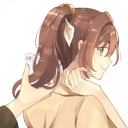 Rule 34 | 1boy, 1girl, artist name, back, brown hair, brown shirt, closed mouth, collared shirt, green eyes, kana (ykskkn), long hair, looking at viewer, looking back, nape, ponytail, rosa (tears of themis), shirt, smile, tears of themis, white background