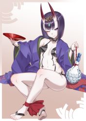 Rule 34 | 1girl, ;), ankle ribbon, ass, barefoot, barefoot sandals (jewelry), black eyes, black hair, commentary request, cup, fang, fang out, fate (series), feet, flat chest, gourd, headpiece, highres, holding, horns, jewelry, leg ribbon, looking at viewer, navel, one eye closed, ribbon, sakazuki, saruchitan, short hair, shuten douji (fate), shuten douji (first ascension) (fate), sitting, skin-covered horns, smile, soles, solo, toes