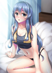 Rule 34 | 1girl, alternate costume, alternate hairstyle, arm support, black panties, blue eyes, blue hair, blue tank top, breasts, collarbone, commentary request, gotland (kancolle), hair down, highres, kantai collection, long hair, medium breasts, mole, mole under eye, navel, on bed, panties, ruin re birth, sitting, solo, sweat, tank top, towel, towel around neck, underwear