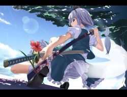Rule 34 | 1girl, bloomers, blouse, blue eyes, bobby socks, colorized, dappled sunlight, day, dual wielding, eto, female focus, flower, foreshortening, from below, full body, ghost, hairband, holding, holding sword, holding weapon, katana, konpaku youmu, konpaku youmu (ghost), lens flare, letterboxed, light rays, looking back, perspective, shade, sheath, sheathed, shirt, short hair, silver hair, socks, solo, sunbeam, sunlight, sword, tanto, toron (mino106), touhou, underwear, upskirt, weapon, white shirt, white socks