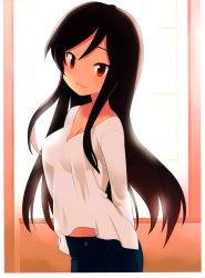 Rule 34 | 1girl, a channel, absurdres, arms behind back, black hair, breasts, cleavage, denim, highres, jeans, kuroda bb, long hair, looking at viewer, nishi yuuko, official art, pants, red eyes, scan, see-through silhouette, smile, solo, v-neck