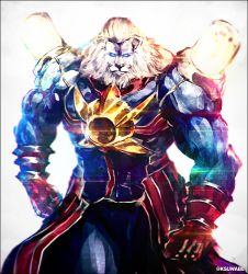 Rule 34 | 1boy, artist name, black border, border, fate/grand order, fate (series), gloves, glowing, glowing eyes, k-suwabe, light bulb, lion, male focus, muscular, red gloves, solo, spandex, thomas edison (fate), walking