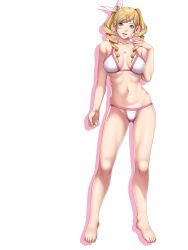 Rule 34 | 1girl, aqua eyes, bare shoulders, barefoot, bikini, blonde hair, blue eyes, breasts, celine verxina, cleavage, closed game, drill hair, empress (studio), feet, game cg, highres, large breasts, legs, looking at viewer, navel, open mouth, sei shoujo, smile, solo, standing, swimsuit, tattoo, thighs, toes, transparent background, twin drills