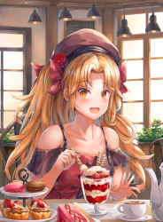 Rule 34 | 1girl, :d, bare shoulders, black dress, black hat, blonde hair, blush, cake, chair, collarbone, cup, dress, ereshkigal (fate), fate/grand order, fate (series), flower, food, hat, hat flower, highres, ice cream, jiang shennong, long hair, open mouth, orange eyes, pov dating, red dress, red flower, red rose, restaurant, rose, smile, solo, spaghetti strap, teacup, teapot, two-tone dress, upper body