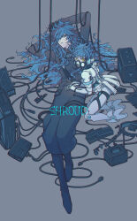 Rule 34 | 2boys, android, arms up, black coat, black footwear, black pants, black sash, blue hair, blue lips, boots, brothers, cable, character name, chromatic aberration, coat, computer, computer chip, covered mouth, electric plug, fiery hair, full body, grey background, hair over one eye, hands on another&#039;s stomach, headphones, high collar, highres, idia shroud, joints, kneeling, long hair, long sleeves, looking at viewer, lying, male focus, mask, matamataki, mechanical parts, messy hair, multiple boys, on back, ortho shroud, pants, respirator, robot joints, sash, short hair, shoulder sash, siblings, simple background, twisted wonderland, very long hair, wavy hair, white headphones, wire, yellow eyes