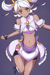 Rule 34 | 1girl, bike shorts, bike shorts under skirt, boots, brooch, crop top, jewelry, knee boots, magical girl, midriff, navel, oimanji, original, pointy ears, precure, purple background, short hair, short twintails, shorts, shorts under skirt, skirt, solo, standing, standing on one leg, tan, thigh gap, twintails, white hair, wrist cuffs, yellow eyes