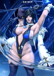 Rule 34 | 1girl, arms up, artnip, black hair, boots, breasts, clothes, female focus, genshin impact, gloves, green eyes, large breasts, long hair, looking at viewer, smile, solo, thigh boots, yelan (genshin impact)