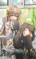 Rule 34 | 1girl, absurdres, arknights, blonde hair, blush, brown skirt, brown socks, chair, chinese commentary, closed mouth, coat, commentary request, elf, fingernails, full body, glint, grey coat, hair ornament, hands up, highres, holding, indoors, infection monitor (arknights), kneehighs, knees up, long hair, long sleeves, mole, mole under eye, muelsyse (arknights), on chair, partial commentary, plant, pointy ears, rhine lab logo, run xi pie ling tian, sitting, skirt, smile, socks, solo, split mouth, yellow eyes