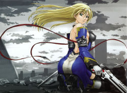 Rule 34 | 1girl, absurdres, alternate hairstyle, arc system works, ass, back, backless outfit, bare back, bare shoulders, black thighhighs, blazblue, blonde hair, boots, breasts, building, cloud, covered erect nipples, detached sleeves, dress, dual wielding, floating hair, full body, gloves, green eyes, gun, hair down, handgun, highres, holding, holding weapon, jewelry, kimura shigetaka, knee boots, kneeling, long hair, looking at viewer, looking back, medium breasts, neck ring, noel vermillion, outdoors, parted lips, ribbon, ruins, scan, scenery, shigetaka kimura, short dress, sideboob, sky, skyscraper, solo, taut clothes, taut dress, thighhighs, trefoil, weapon, white gloves, wind, zettai ryouiki