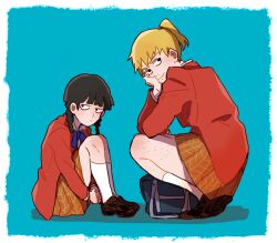 2girls 2tenset ankle_socks bag black_eyes black_hair black_shoes blazer blonde_hair blue_background blue_bag blue_necktie blunt_bangs border braid brown_skirt closed_mouth collared_shirt elbow_on_leg expressionless full_body genderswap genderswap_(mtf) hair_over_shoulder hair_tie hand_on_own_cheek hand_on_own_face happy height_difference hugging_own_legs interlocked_fingers jacket kageyama_shigeo kneehighs knees_up layered_sleeves leg_hair light_blush long_hair long_sleeves looking_at_viewer miniskirt mob_psycho_100 multiple_girls necktie open_clothes open_jacket own_hands_clasped own_hands_together pleated_skirt ponytail red_jacket reigen_arataka school_bag school_uniform shadow shirt shoes short_hair short_ponytail sitting skirt smile socks squatting twin_braids uwabaki white_border white_shirt white_socks