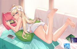 Rule 34 | 1girl, ahoge, ass, bare shoulders, barefoot, bed, bedroom, blonde hair, blue eyes, blush, book, breasts, camisole, cellphone, chips (food), chungmechanic, feet up, flower, food, food in mouth, game console, granblue fantasy, hair between eyes, hair flower, hair ornament, hairband, indoors, jeanne d&#039;arc (granblue fantasy), long hair, looking back, loose clothes, lying, nintendo, nintendo switch, on stomach, phone, pillow, potato chips, short shorts, shorts, sideboob, smartphone, strap slip, sunlight, video game, white camisole, white shorts
