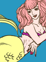 Rule 34 | 1girl, brown eyes, fishman island, hiramera, kyonko (artist), long hair, mermaid, monster girl, one piece, pink hair, solo