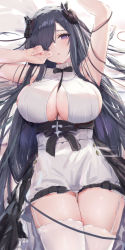 Rule 34 | 1girl, :o, absurdres, apron, armpits, august von parseval (azur lane), august von parseval (the conquered unhulde) (azur lane), azur lane, black dress, blush, bow, bowtie, breasts, curled horns, dress, garter straps, gluteal fold, hair over one eye, highres, horns, large breasts, long hair, looking at viewer, lshiki, lying, maid, maid headdress, mechanical horns, official alternate costume, on back, panties, panty peek, purple eyes, purple hair, sleeveless, solo, thighhighs, underwear, very long hair, white apron, white dress, white thighhighs