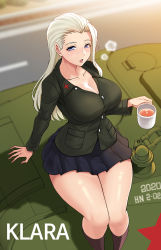 Rule 34 | 1girl, arm support, black skirt, black socks, blonde hair, blue eyes, blurry, blurry background, breasts, breath, character name, clara (girls und panzer), cleavage, coffee, coffee mug, commentary request, cup, depth of field, female focus, girls und panzer, green jacket, half-closed eyes, highres, holding, holding cup, hwa na jung, insignia, jacket, korean commentary, large breasts, legs, long hair, long sleeves, looking at viewer, military, military vehicle, miniskirt, motor vehicle, mug, no shirt, on vehicle, open mouth, outdoors, pleated skirt, pravda school uniform, school uniform, shadow, sitting, skirt, socks, solo, star (symbol), steam, tank, vehicle request