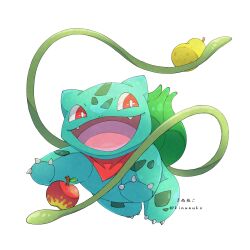 Rule 34 | animal focus, apple, artist name, bandana, berry (pokemon), bright pupils, bulbasaur, clothed pokemon, creatures (company), fangs, food, fruit, full body, game freak, gen 1 pokemon, happy, highres, holding, holding food, holding fruit, jumping, kinunuko, looking to the side, nintendo, no humans, open mouth, plant, pokemon, pokemon (creature), pokemon mystery dungeon, red bandana, red eyes, simple background, sitrus berry, smile, solo, tentacles, twitter username, watermark, white background, white pupils