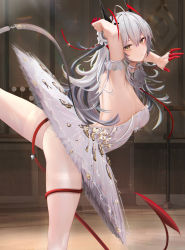 Rule 34 | 1girl, alternate costume, arknights, arm strap, arm up, armpits, ballerina, breasts, closed mouth, dress, from side, grey hair, highres, horns, long hair, looking at viewer, medium breasts, pantyhose, ru zhai, solo, standing, standing on one leg, thighs, w (arknights), white dress, white pantyhose, yellow eyes
