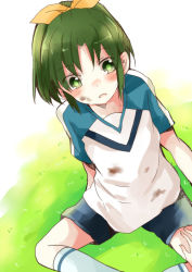 Rule 34 | 10s, 1girl, bad id, bad pixiv id, blush, dirty, green eyes, green hair, hagino makoto, matching hair/eyes, midorikawa nao, ponytail, precure, sitting, smile precure!, soccer uniform, solo, sportswear