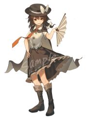 1girl absurdres black_cape black_footwear black_hat black_skirt boots bow breasts brown_eyes brown_hair cape commentary_request fedora frilled_skirt frills full_body hand_fan hand_on_own_hip hat hat_bow highres holding holding_fan kinoko_(kino2435006) knee_boots navel necktie red_necktie sample_watermark shirt short_sleeves simple_background skirt small_breasts solo touhou usami_renko watermark white_footwear white_shirt