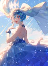 Rule 34 | 1girl, absurdres, backless outfit, bare shoulders, blue eyes, blue hair, bracelet, commentary, creatures (company), dress, frilled dress, frills, game freak, hatsune miku, highres, jewelry, long hair, looking at viewer, looking back, m3lt (m3ltingp0int), nintendo, off-shoulder dress, off shoulder, open mouth, pokemon, project voltage, rock miku (project voltage), smile, solo, tiara, twintails, veil, vocaloid