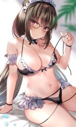 Rule 34 | 1girl, arm garter, bare shoulders, bikini, black bikini, blush, breasts, brown hair, cleavage, closed mouth, collarbone, detached collar, fate/grand order, fate (series), frilled bikini, frills, glasses, head tilt, highres, large breasts, long hair, looking at viewer, low twintails, maid, maid bikini, maid headdress, navel, osakabehime (fate), purple eyes, seiru (prairie), sitting, smile, swimsuit, thighs, twintails, unconventional maid, untied bikini, very long hair
