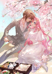 Rule 34 | 1boy, 1girl, arm around shoulder, bento, blue eyes, breasts, brown hair, cherry blossoms, closed mouth, collared shirt, couple, dress, falling petals, feet out of frame, flower, full body, grey jacket, grey pants, grey vest, gundam, gundam seed, gundam seed destiny, hair between eyes, hair ornament, hairclip, haro, hetero, highres, holding, holding flower, jacket, kira yamato, lacus clyne, long dress, long hair, medium breasts, pants, parted bangs, parted lips, petals, picnic, pink hair, pink petals, purple eyes, shirt, short hair, short sleeves, sidelocks, sitting, smile, suit jacket, tsuna2727, twitter username, vest, waistcoat, wavy hair, white dress, white footwear, white shirt