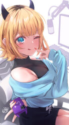 Rule 34 | 1girl, absurdres, black skirt, blonde hair, blue eyes, blue sweater, blunt bangs, blush, boom microphone, breasts, cellphone, cleavage, closed mouth, commentary, demon horns, fake horns, highres, holding, holding phone, horns, long sleeves, looking at viewer, mem-cho, monochrome background, multicolored hair, nail polish, nazmocha, no pupils, off-shoulder sweater, off shoulder, one eye closed, oshi no ko, phone, pointing, pointing at self, red nails, roots (hair), see-through, see-through cleavage, short hair, sidelocks, signature, sitting, skirt, smartphone, solo, sweater, tongue, tongue out, upper body, v