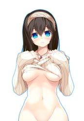 Rule 34 | 10s, 1girl, 3:, bad id, bad pixiv id, black hair, blue eyes, blush, bottomless, breasts, censored, clothes lift, groin, hairband, highres, hip focus, idolmaster, idolmaster cinderella girls, idolmaster cinderella girls starlight stage, large breasts, long hair, long sleeves, looking at viewer, naked sweater, navel, no bra, out-of-frame censoring, ribbed sweater, sagisawa fumika, shirt, shirt lift, solo, sweater, tebukuro, underboob, undressing