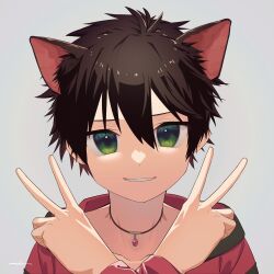 Rule 34 | 1boy, a ta309, absurdres, animal ears, brown hair, cat boy, cat ears, child, commentary request, extra ears, green eyes, highres, jacket, jewelry, kemonomimi mode, male focus, necklace, original, signature, simple background, smile, solo, teeth, upper body, v