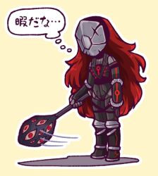 Rule 34 | 1girl, armor, commentary request, full body, gebura (project moon), hatake shimeji, holding, holding weapon, lobotomy corporation, long hair, lowres, mask, outline, project moon, red hair, simple background, solo, spoilers, standing, swinging, thought bubble, translation request, weapon, white outline, yellow background
