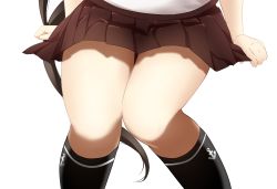 Rule 34 | 10s, 1girl, anchor symbol, ayanami (kancolle), black socks, brown hair, brown skirt, clenched hands, close-up, commentary request, highres, kantai collection, kneehighs, knees together feet apart, long hair, lower body, ohiya, school uniform, serafuku, side ponytail, simple background, skirt, socks, solo, thighhighs, thighs, uniform, white background, zettai ryouiki
