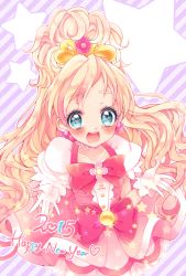 Rule 34 | 1girl, :d, aqua eyes, blonde hair, bow, cowboy shot, cure flora, earrings, flower earrings, gloves, go! princess precure, gradient hair, haruno haruka, heart, heart-shaped pupils, heart in eye, jewelry, long hair, looking at viewer, magical girl, multicolored hair, open mouth, pink bow, pink hair, pink skirt, precure, skirt, smile, solo, star (symbol), striped, striped background, symbol-shaped pupils, symbol in eye, uzuki aki, waist bow, white gloves