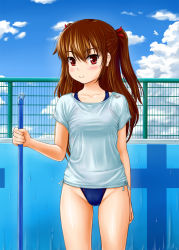 Rule 34 | 1girl, arena (company), blouse, breasts, broom, brown hair, cleaning brush, cloud, competition swimsuit, covered erect nipples, day, empty pool, long hair, medium breasts, one-piece swimsuit, original, pool, red eyes, shirt, solo, standing, swimsuit, tk4, twintails, two side up