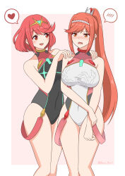 Rule 34 | 2girls, absurdres, breasts, glimmer (xenoblade), highres, multiple girls, one-piece swimsuit, ponytail, pyra (xenoblade), red hair, swimsuit, xenoblade chronicles (series), xenoblade chronicles 3