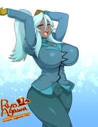 Rule 34 | 1girl, agawa ryou, arms up, artist name, bad id, bad tumblr id, blue hair, blush, breasts, brown gloves, cleavage, covered erect nipples, curvy, dark-skinned female, dark skin, gloves, huge breasts, long hair, looking at viewer, open mouth, original, pants, ponytail, solo, standing, tears, teeth, thick thighs, thighs, tongue, watermark, web address, wide hips, yawning, yellow eyes