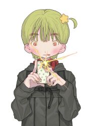 Rule 34 | 1girl, black jacket, green eyes, green hair, haemin0201, hair ornament, highres, holding, holding phone, jacket, jewelry, original, phone, red eyes, ring, short hair, simple background, solo, star (symbol), star hair ornament, tongue, tongue out, upper body, white background