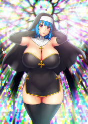 Rule 34 | 1girl, absurdres, armpits, backlighting, bare shoulders, black dress, black gloves, black thighhighs, blue hair, breasts, church, cleavage, commentary, cowboy shot, cross, curvy, detached collar, dress, elbow gloves, english commentary, erkaz, facing viewer, gloves, habit, highres, huge breasts, legs together, lips, looking at viewer, medium hair, microdress, no bra, nun, original, red eyes, revealing clothes, rina atherina, side slit, skindentation, solo, stained glass, standing, strapless, strapless dress, thick thighs, thighhighs, thighs, zettai ryouiki