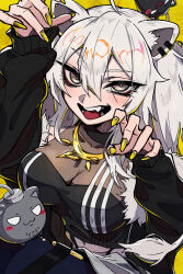 1girl absurdres animal_ears arms_up black_jacket black_shirt breasts cleavage commentary_request cropped_shirt ear_piercing fangs fingernails fur-trimmed_jacket fur_trim grey_hair hair_between_eyes highres hololive jacket jewelry large_breasts lion_ears lion_girl long_hair long_sleeves looking_at_viewer navel necklace open_mouth piercing see-through_cleavage see-through_clothes sharp_fingernails shirt shishiro_botan shishiro_botan_(1st_costume) simple_background skin_tight sleeveless sleeveless_shirt solo ssrb_(shishiro_botan) teru_(asa_hi_t) virtual_youtuber yellow_background yellow_nails